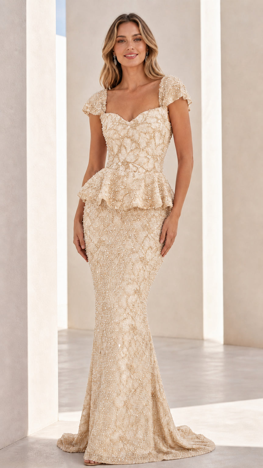 Front view of champagne embellished evening gown