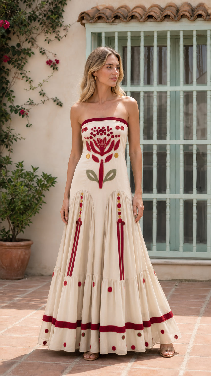 Front view of cream strapless embroidered maxi dress