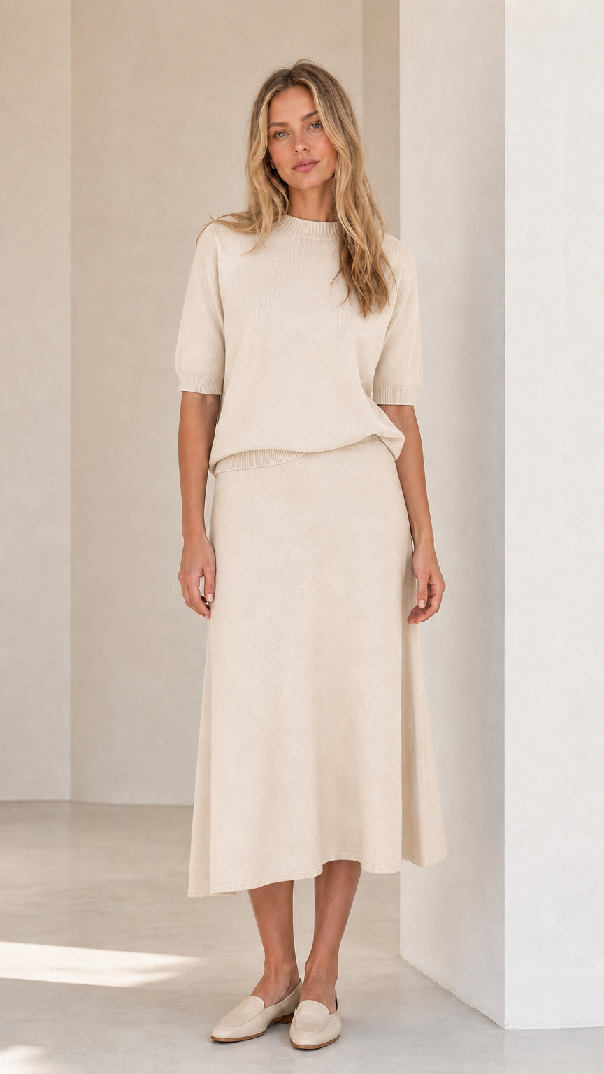 Woman wearing cream knit top and matching midi skirt set