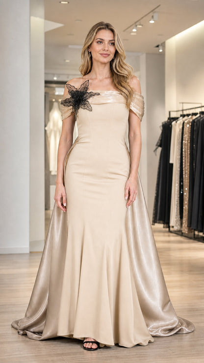 Champagne color variant of the off-shoulder evening gown