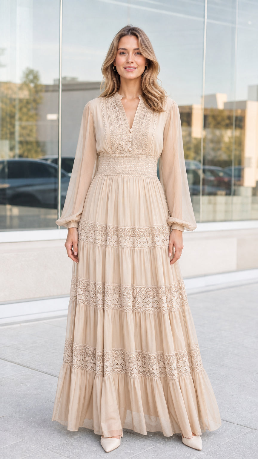 Front view of woman wearing champagne beige lace trim tiered maxi dress
