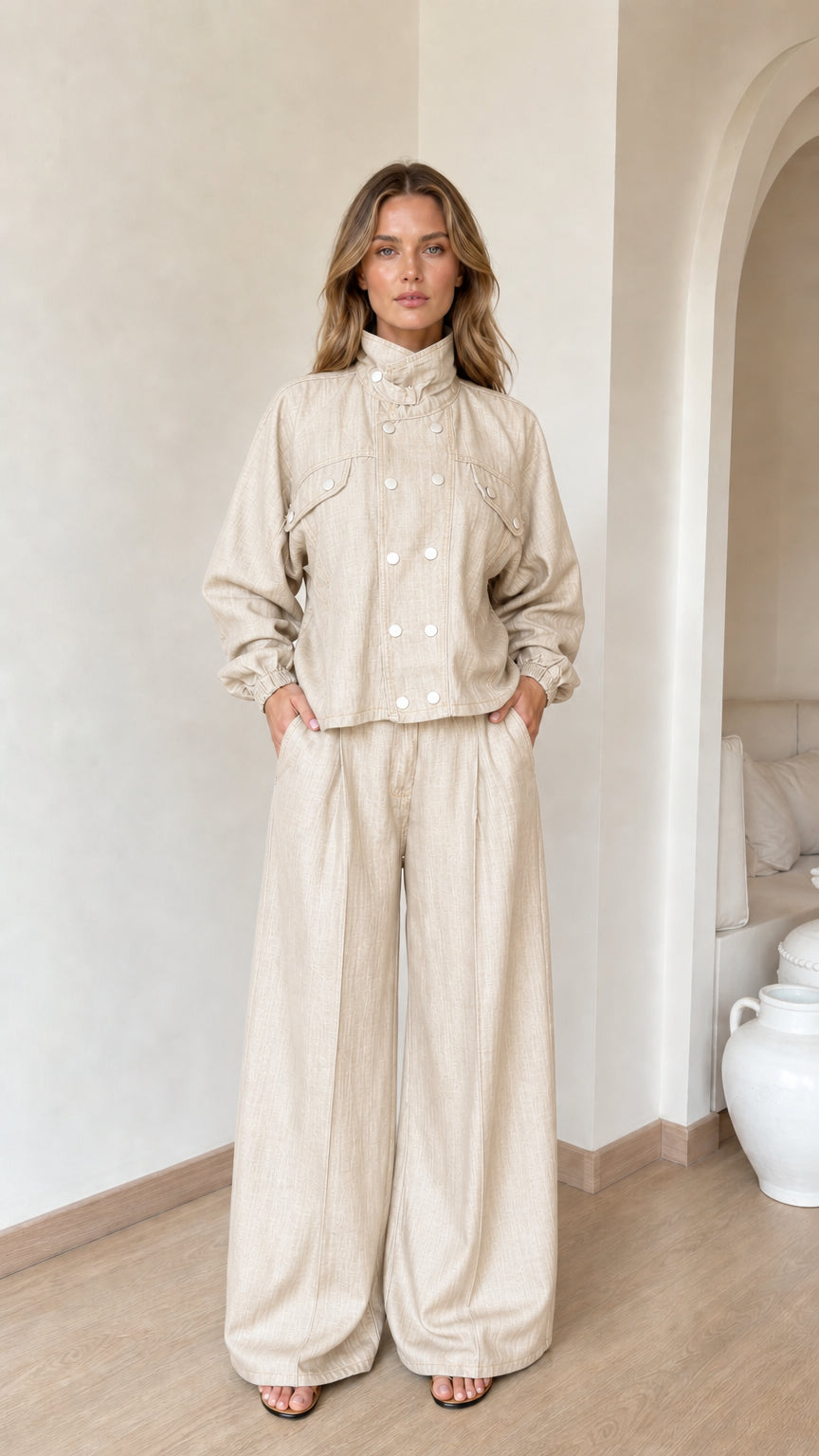 Model wearing beige denim jacket and wide-leg pants set