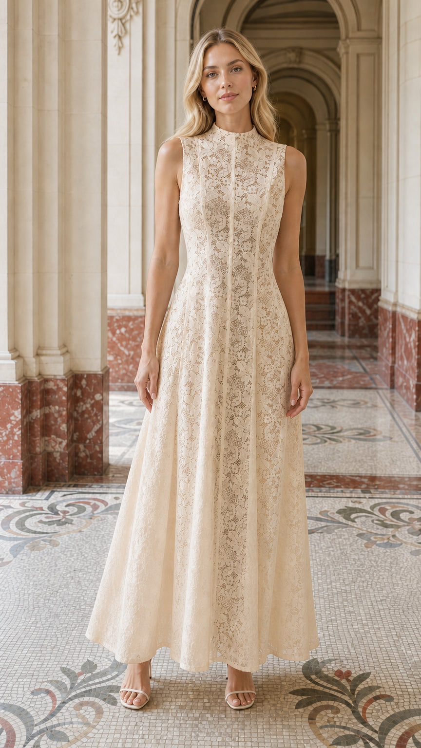 Full length view of woman wearing champagne lace maxi dress