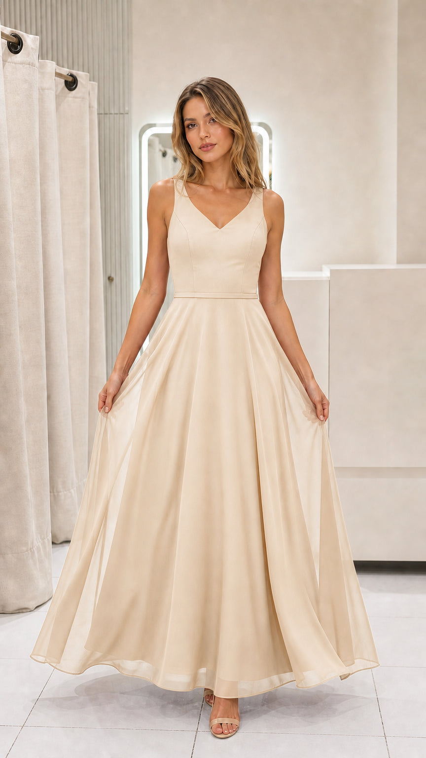 Model wearing champagne chiffon maxi dress