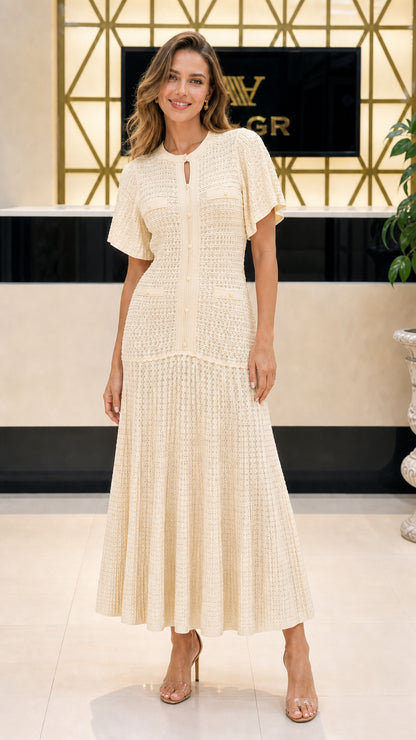 Front view of model wearing beige knit midi dress