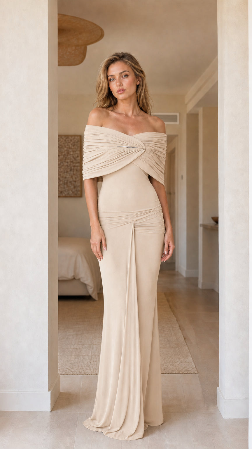 Front view of champagne evening gown variant