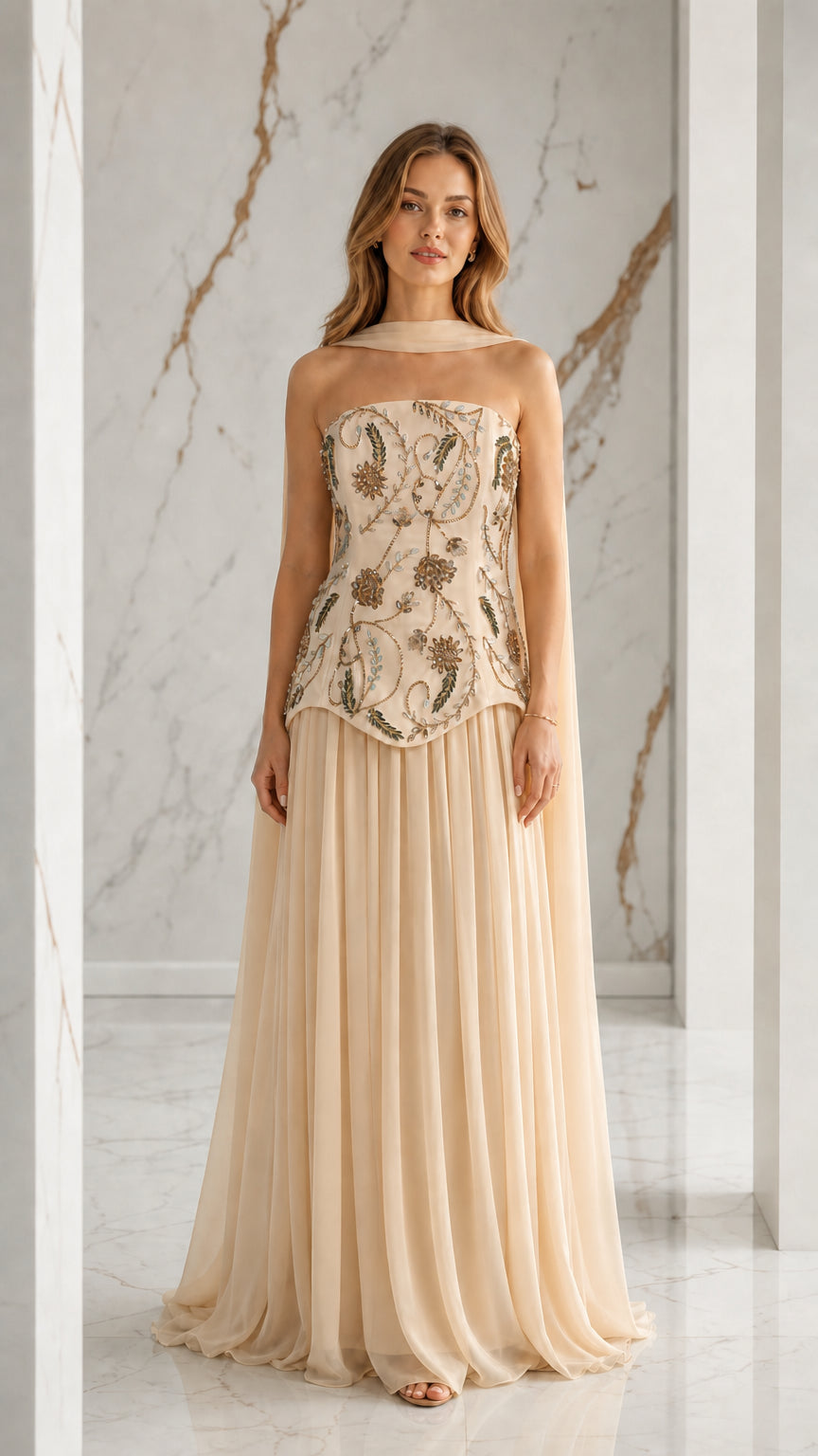 Champagne beige strapless embroidered evening dress with pleated maxi skirt