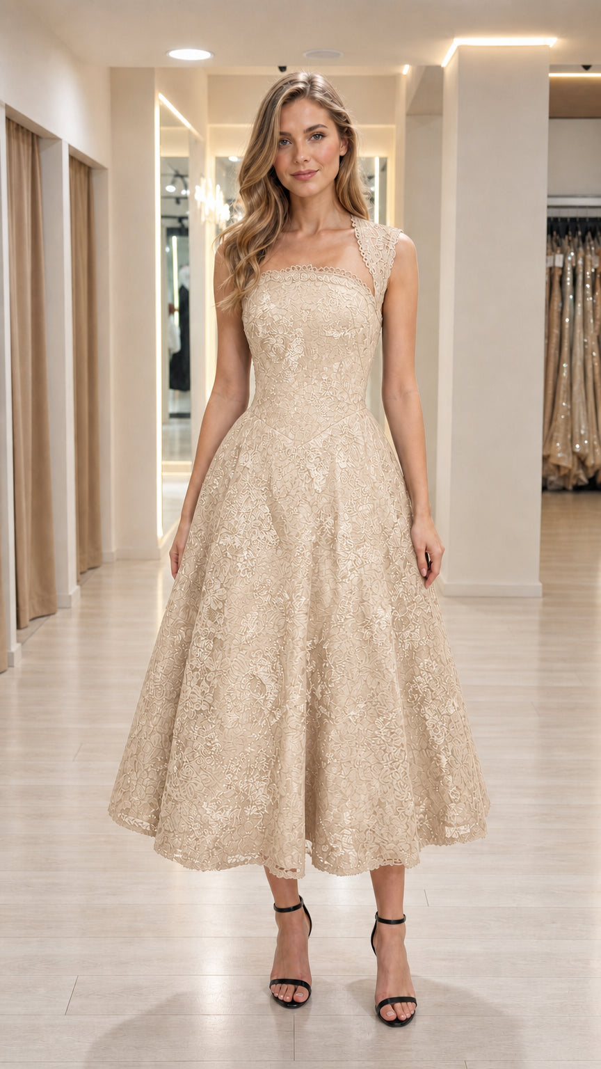 Front view of woman wearing champagne lace midi dress