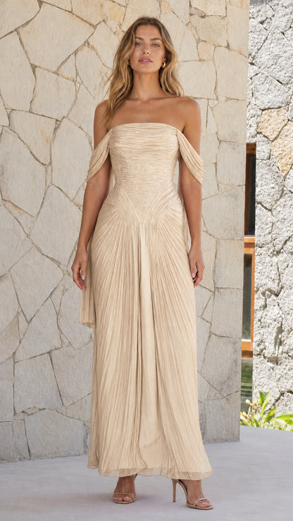 Front view of champagne off-shoulder pleated maxi dress