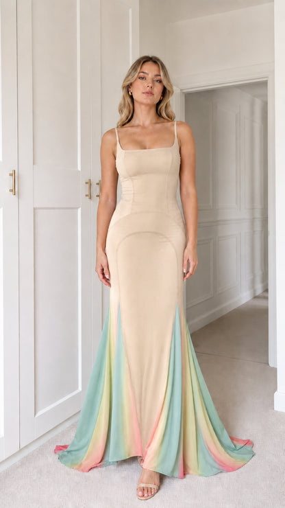 Front view of champagne mermaid maxi dress