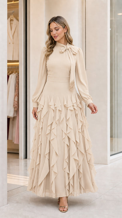 Front view of beige long sleeve ruffled maxi dress