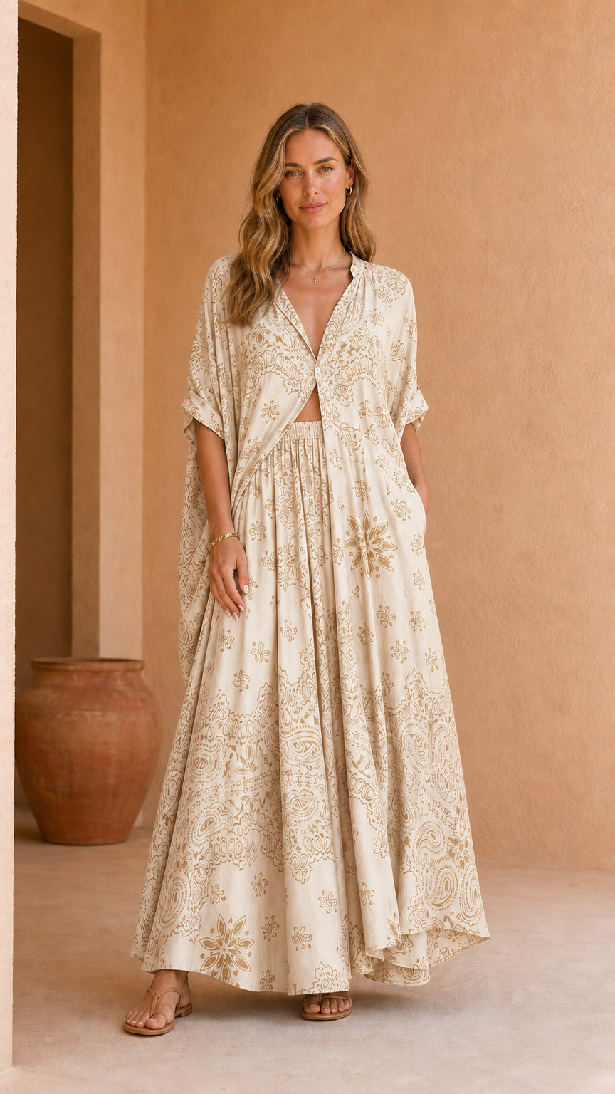 Model wearing beige printed two-piece kaftan and maxi skirt set