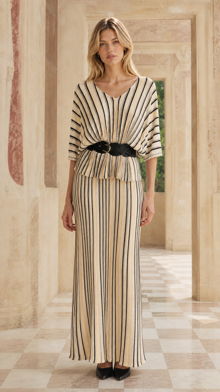 Woman wearing beige striped two-piece maxi dress set