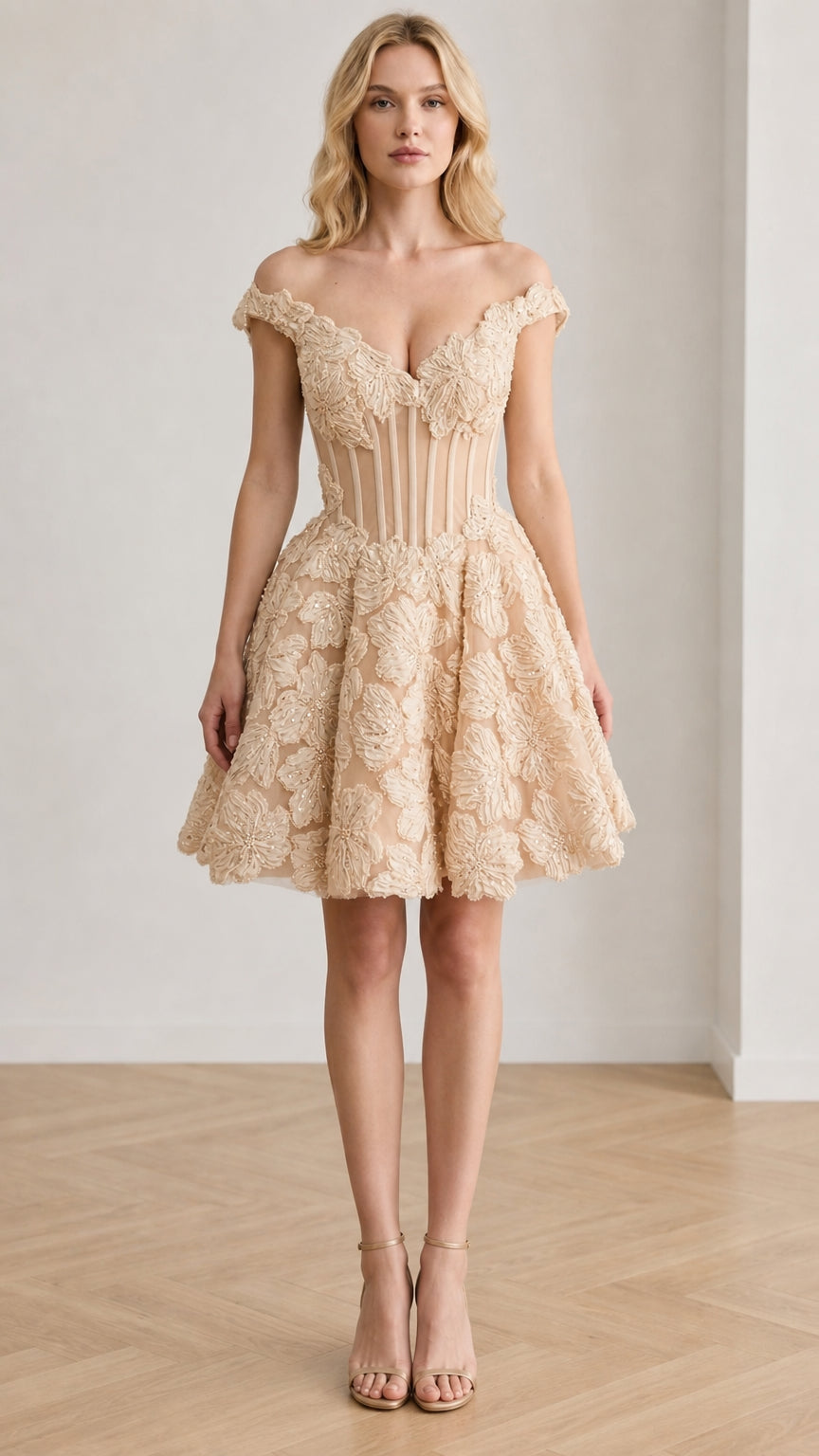 Front view of Champagne floral corset mini dress