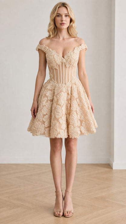Front view of Champagne floral corset mini dress