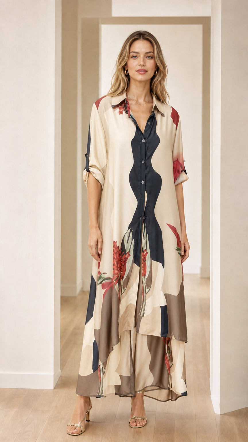 Model wearing cream color variant of maxi shirt dress