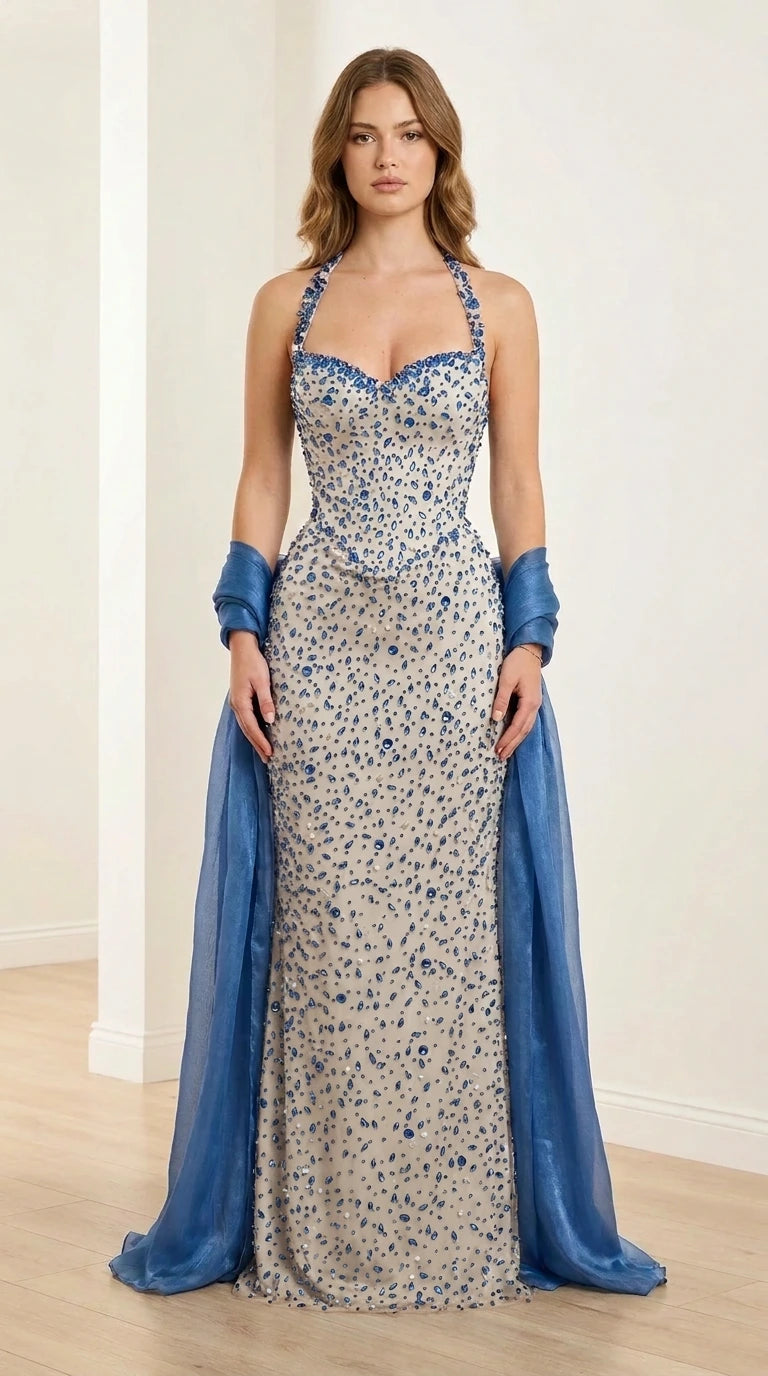 Front view of champagne embellished halter evening gown