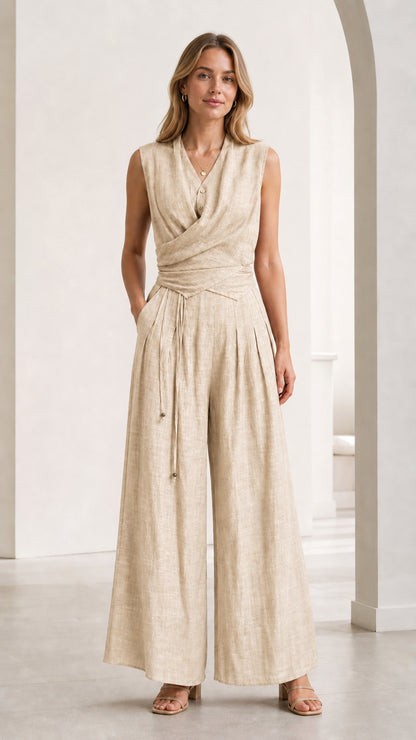 Front view of woman wearing Beige sleeveless wrap front wide-leg jumpsuit