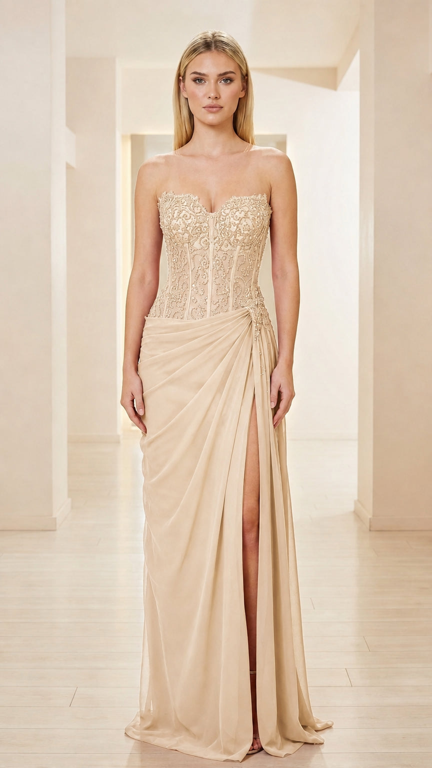 Front view of champagne beige strapless corset evening gown