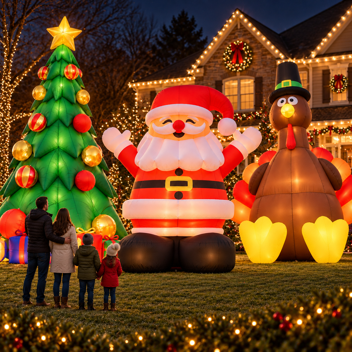 🎄🎅🦃 Giant Holiday Inflatable Trio – 3-Piece Christmas Tree, Santa & Thanksgiving Turkey Yard Set