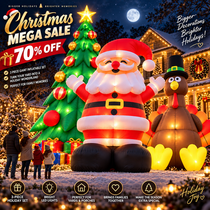 🎄🎅🦃 Giant Holiday Inflatable Trio – 3-Piece Christmas Tree, Santa & Thanksgiving Turkey Yard Set
