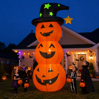 🎃 Giant Inflatable Halloween Pumpkin Stack with Witch Hat & Lights – Outdoor Yard Decoration 👻