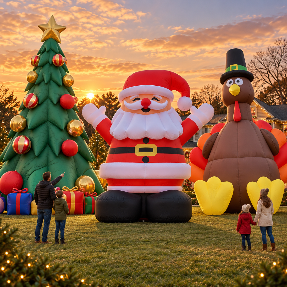 🎄🎅🦃 Giant Holiday Inflatable Trio – 3-Piece Christmas Tree, Santa & Thanksgiving Turkey Yard Set