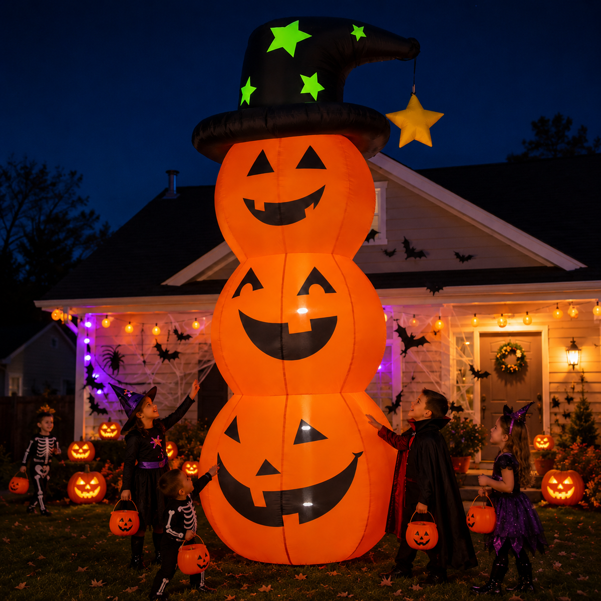🎃 Giant Inflatable Halloween Pumpkin Stack with Witch Hat & Lights – Outdoor Yard Decoration 👻