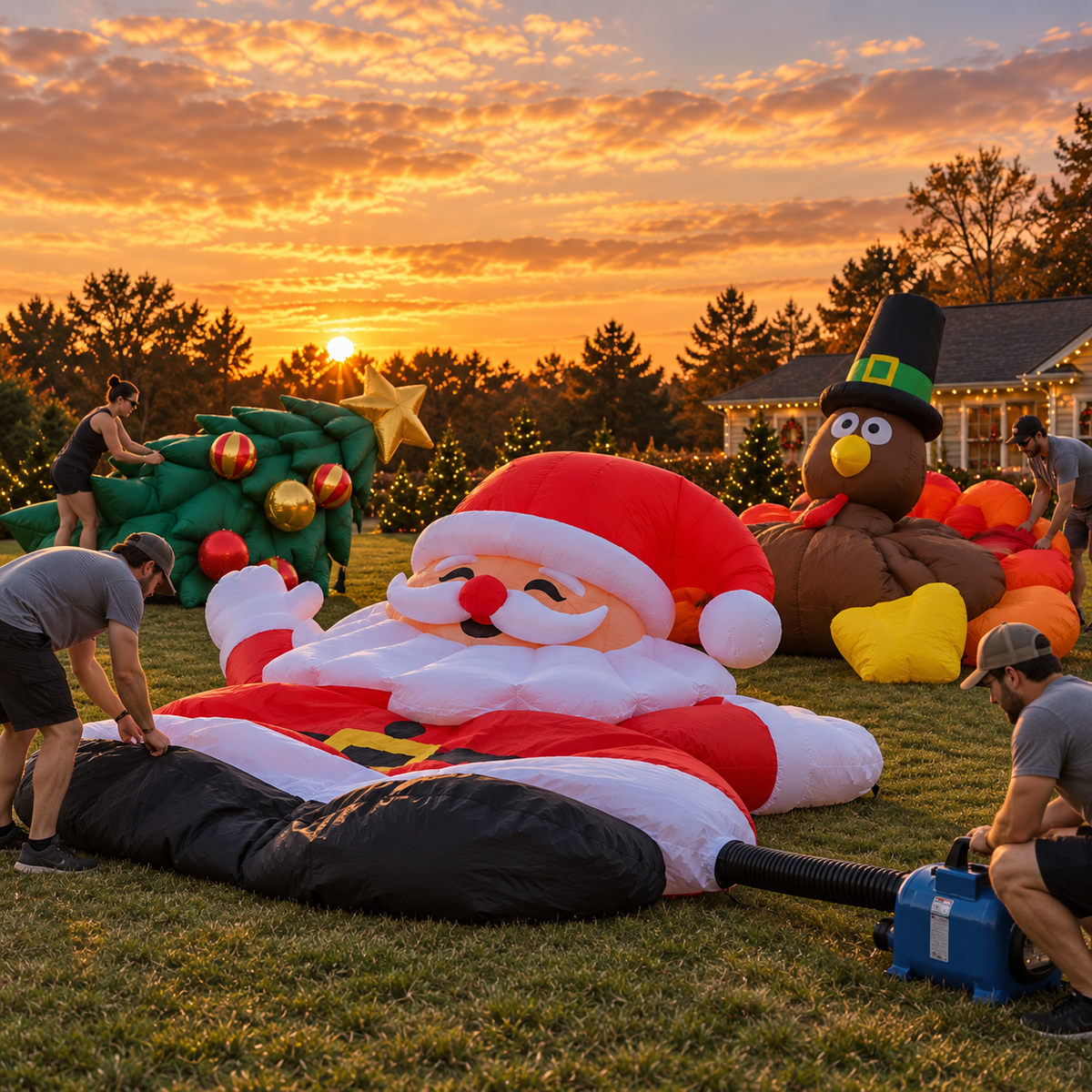 🎄🎅🦃 Giant Holiday Inflatable Trio – 3-Piece Christmas Tree, Santa & Thanksgiving Turkey Yard Set
