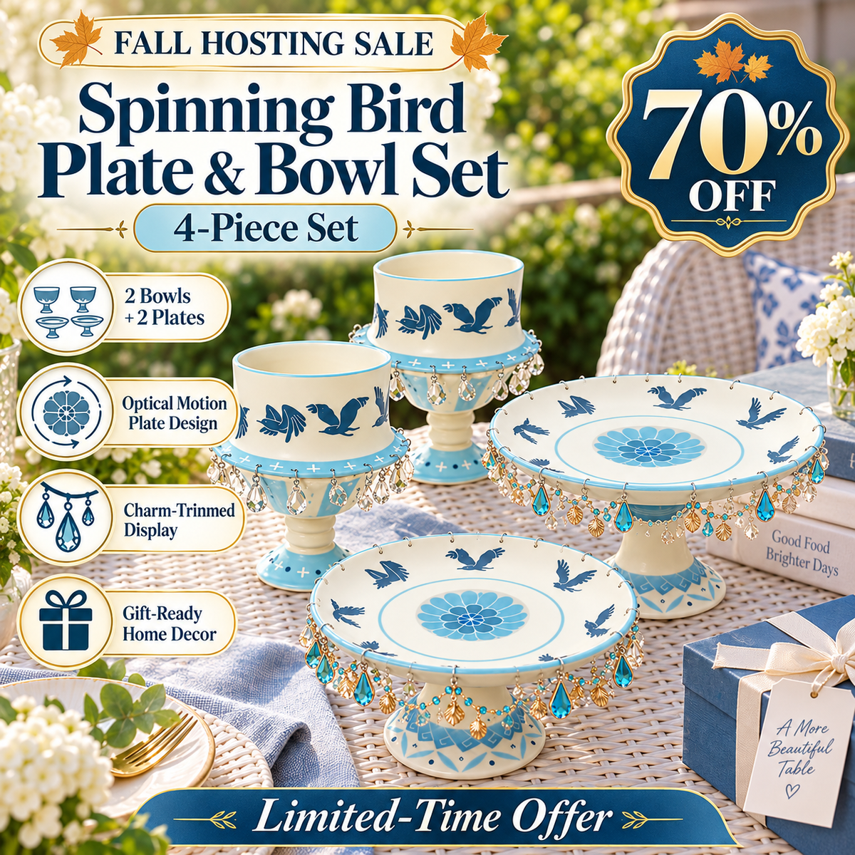 🎁🕊️ 4-Piece Spinning Bird Plate & Bowl Gift Set – Elegant Blue & White Hostess Gift / Housewarming Keepsake Set