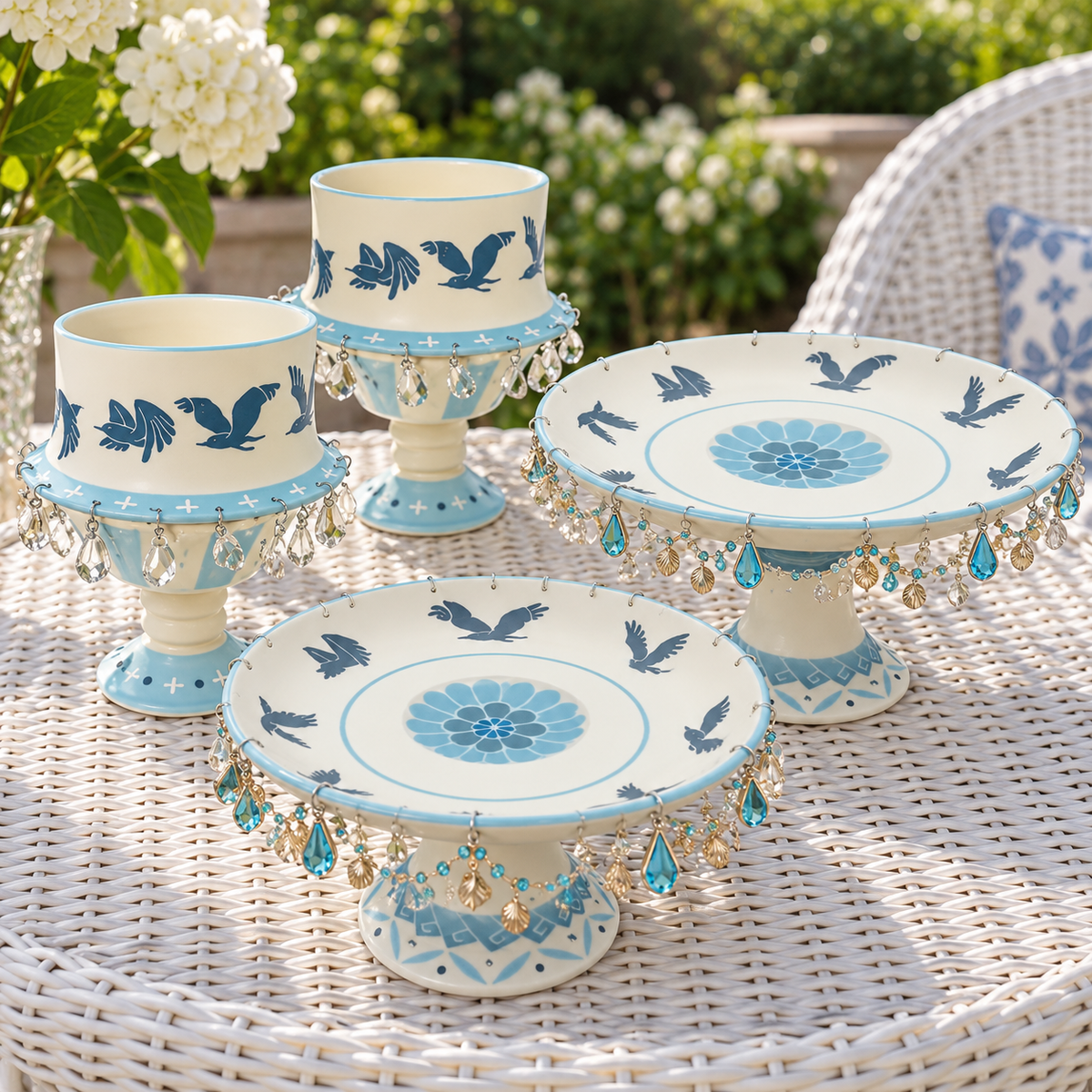 🎁🕊️ 4-Piece Spinning Bird Plate & Bowl Gift Set – Elegant Blue & White Hostess Gift / Housewarming Keepsake Set
