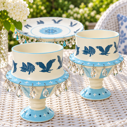 🎁🕊️ 4-Piece Spinning Bird Plate & Bowl Gift Set – Elegant Blue & White Hostess Gift / Housewarming Keepsake Set