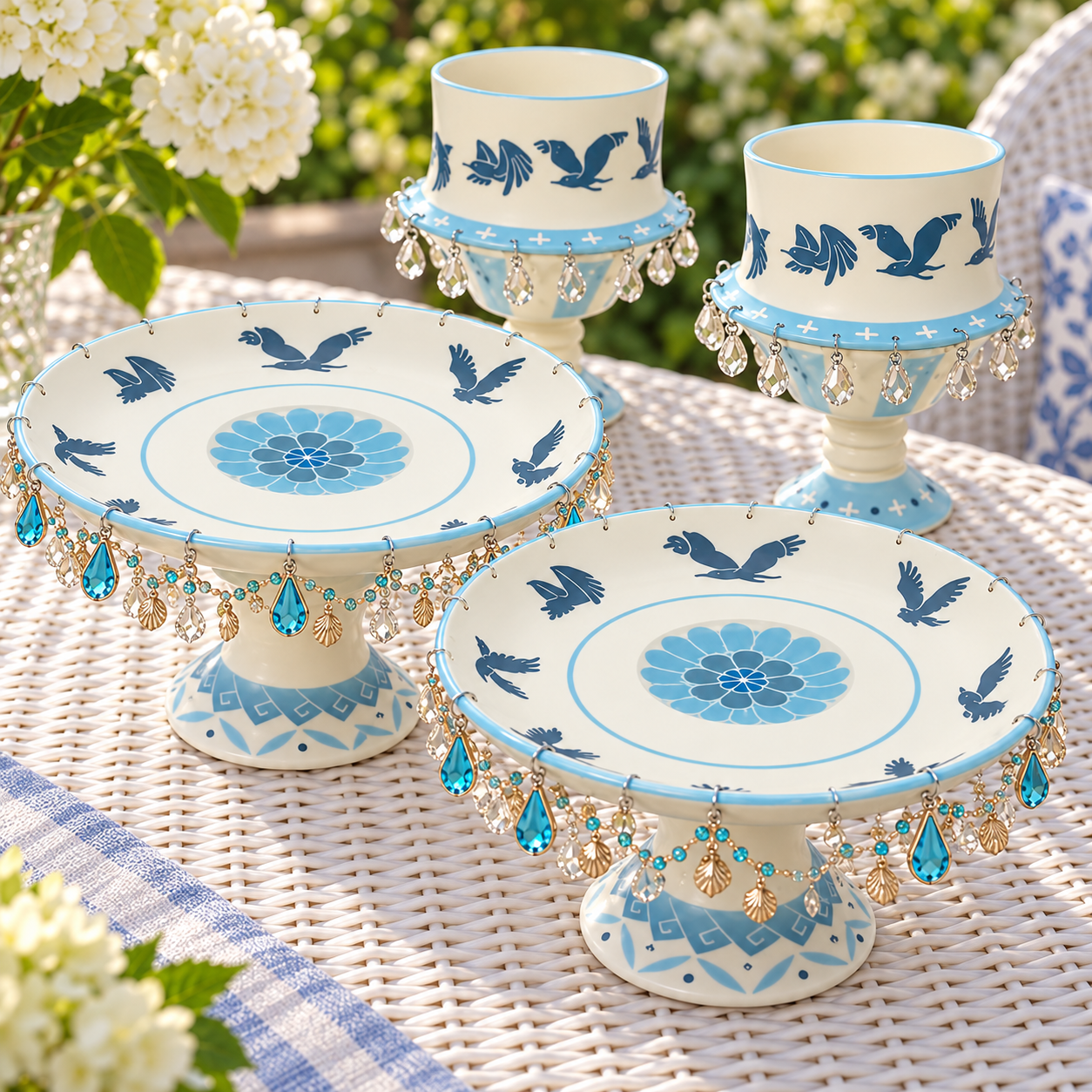🎁🕊️ 4-Piece Spinning Bird Plate & Bowl Gift Set – Elegant Blue & White Hostess Gift / Housewarming Keepsake Set