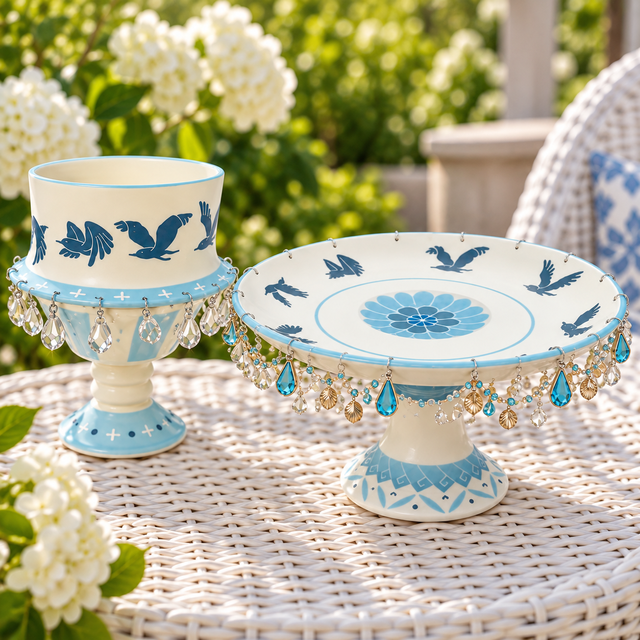 🎁🕊️ 4-Piece Spinning Bird Plate & Bowl Gift Set – Elegant Blue & White Hostess Gift / Housewarming Keepsake Set