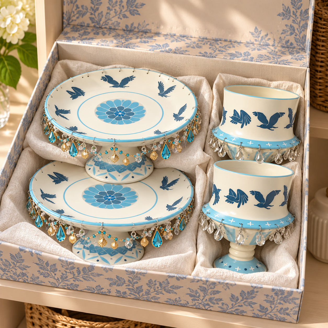 🎁🕊️ 4-Piece Spinning Bird Plate & Bowl Gift Set – Elegant Blue & White Hostess Gift / Housewarming Keepsake Set