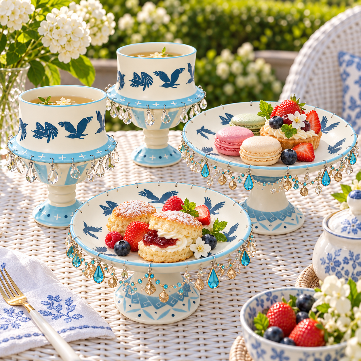 🎁🕊️ 4-Piece Spinning Bird Plate & Bowl Gift Set – Elegant Blue & White Hostess Gift / Housewarming Keepsake Set