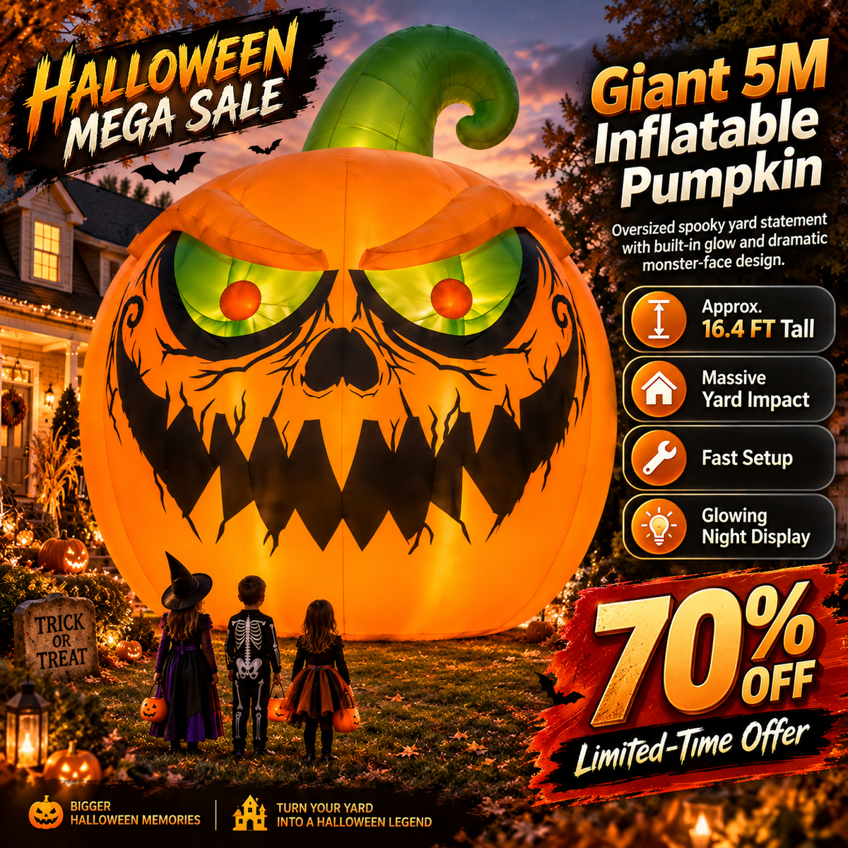 🎃🔥 16.4FT Giant Evil Pumpkin Inflatable – Light-Up Halloween Monster Yard Decoration 👻