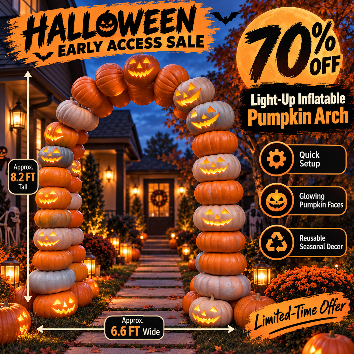 🎃✨ 8.2FT Light-Up Inflatable Pumpkin Arch – Halloween Walk-Through Yard Entrance Decoration 👻
