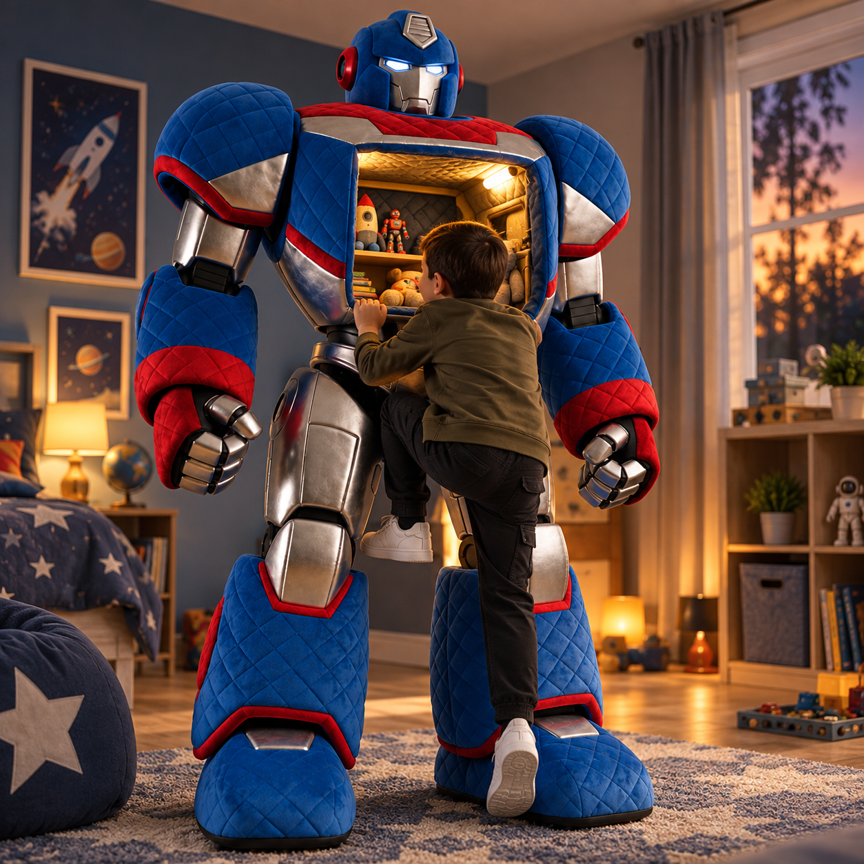 🤖 Giant Kids Mecha Play Cabin 🚀 – Interactive Robot Cockpit with Toy Display Shelves & Slow-Move Wheels