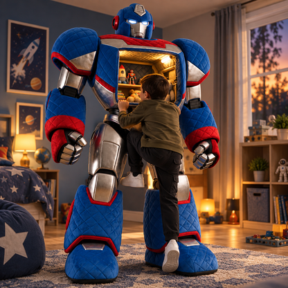 🤖 Giant Kids Mecha Play Cabin 🚀 – Interactive Robot Cockpit with Toy Display Shelves & Slow-Move Wheels