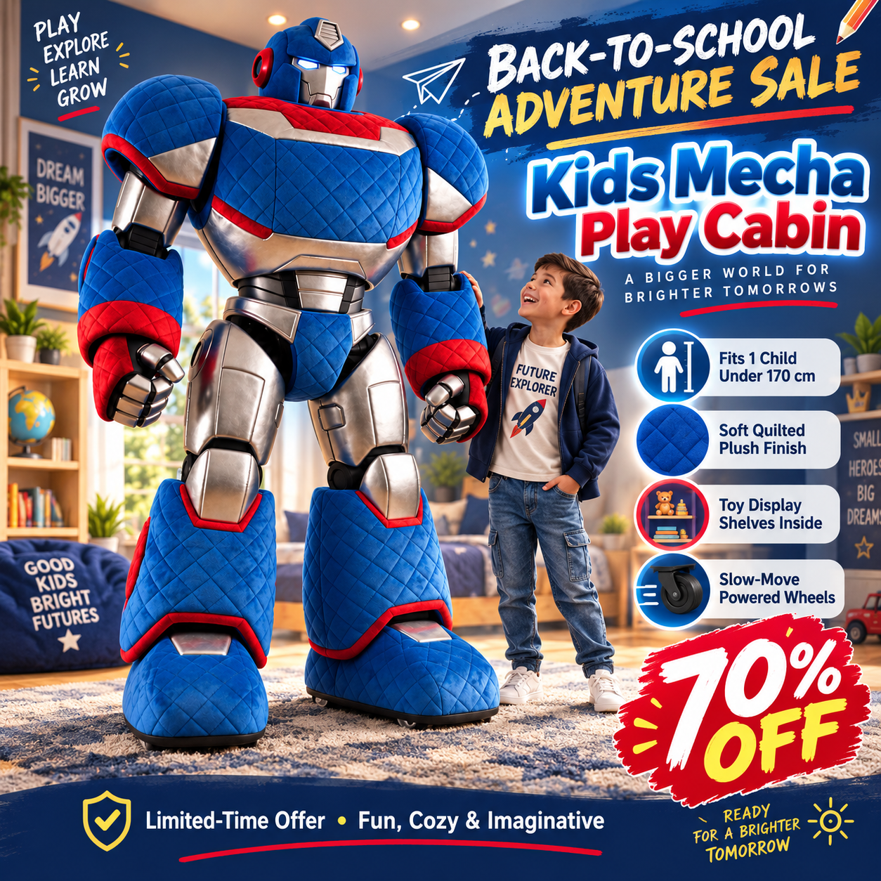 🤖 Giant Kids Mecha Play Cabin 🚀 – Interactive Robot Cockpit with Toy Display Shelves & Slow-Move Wheels