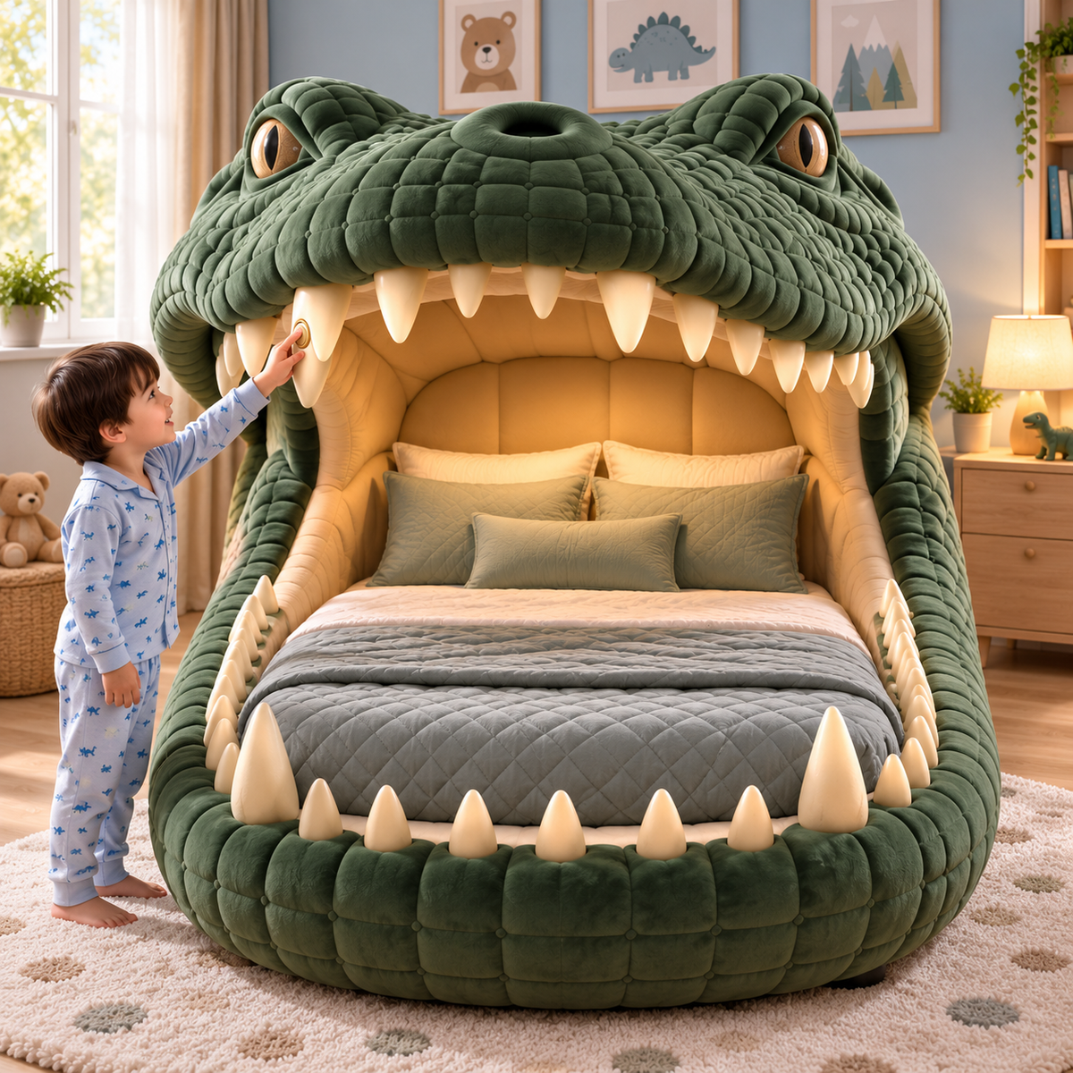 🐊 Giant Crocodile Inflatable Bed 🛏️ – One-Touch Kids Adventure Sleep & Reading Hideaway
