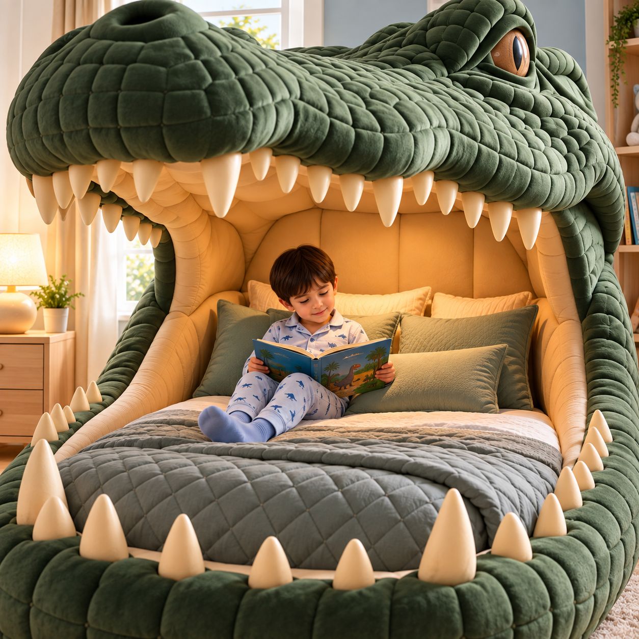 🐊 Giant Crocodile Inflatable Bed 🛏️ – One-Touch Kids Adventure Sleep & Reading Hideaway