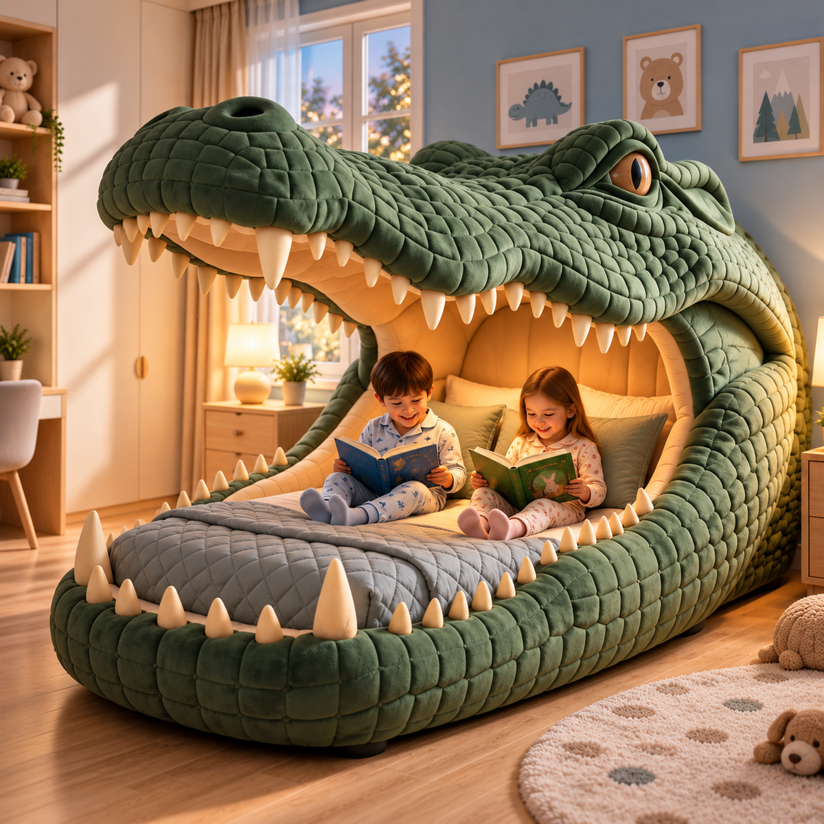 🐊 Giant Crocodile Inflatable Bed 🛏️ – One-Touch Kids Adventure Sleep & Reading Hideaway