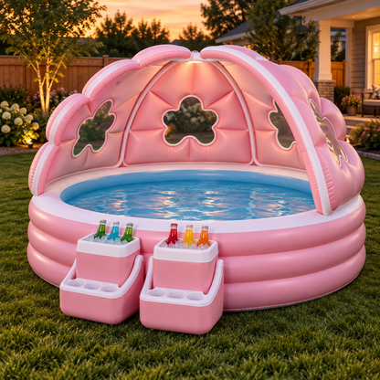 🌸 Inflatable Flower Canopy Pool 💦 – Family Backyard Pool with Shade Canopy & Drink Cooler Stations