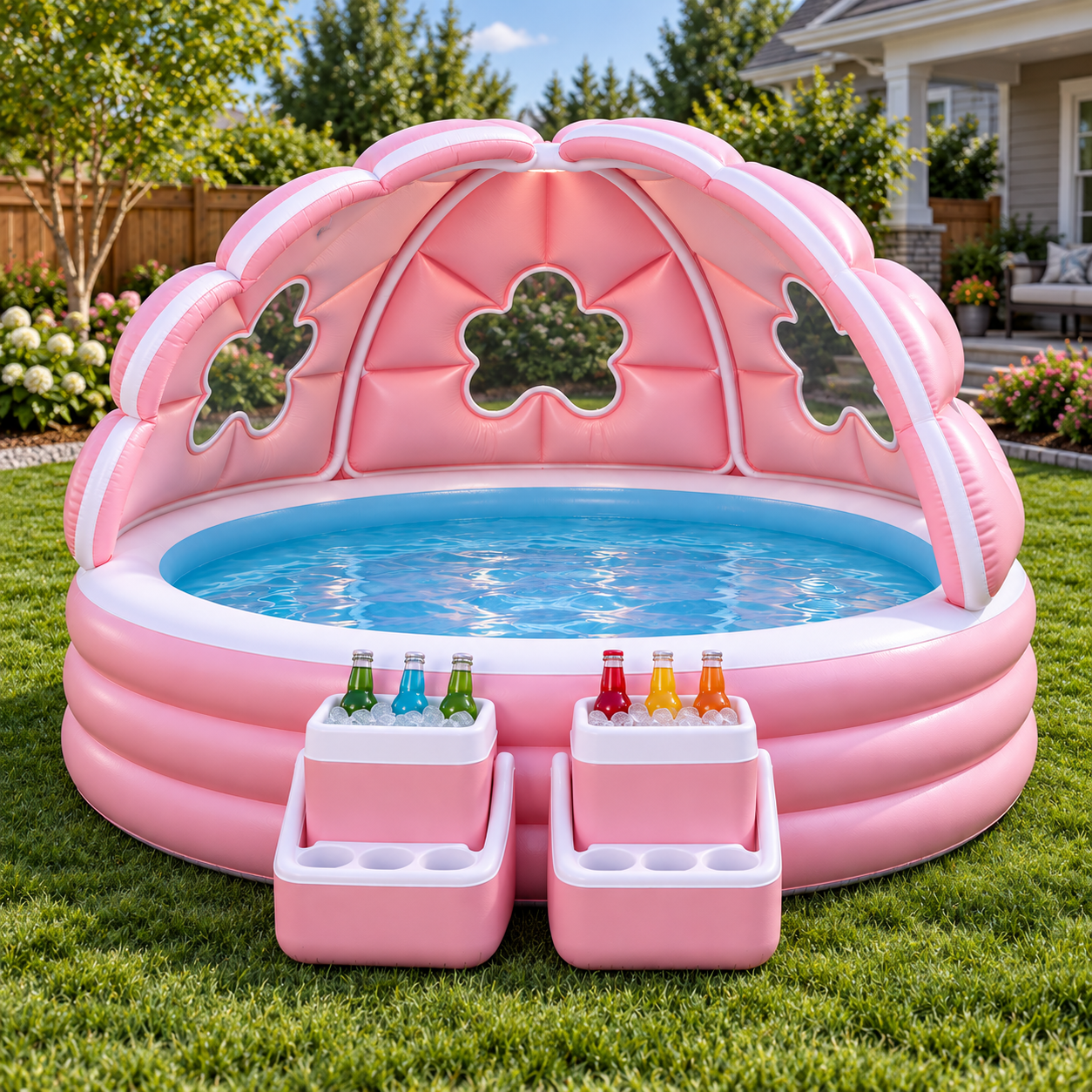🌸 Inflatable Flower Canopy Pool 💦 – Family Backyard Pool with Shade Canopy & Drink Cooler Stations