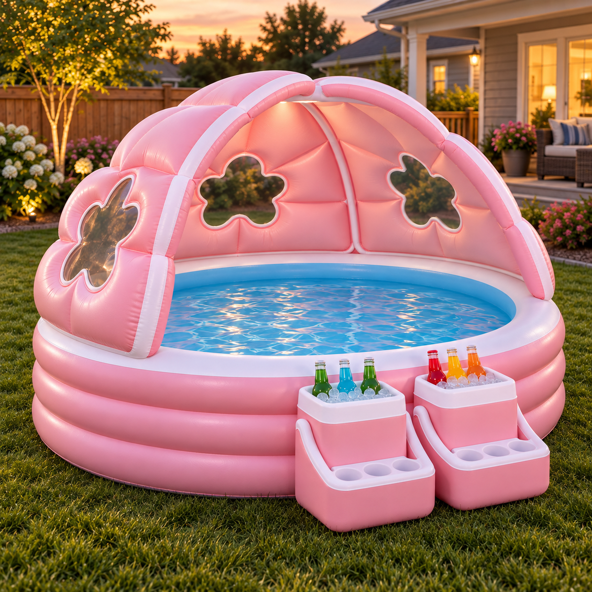 🌸 Inflatable Flower Canopy Pool 💦 – Family Backyard Pool with Shade Canopy & Drink Cooler Stations