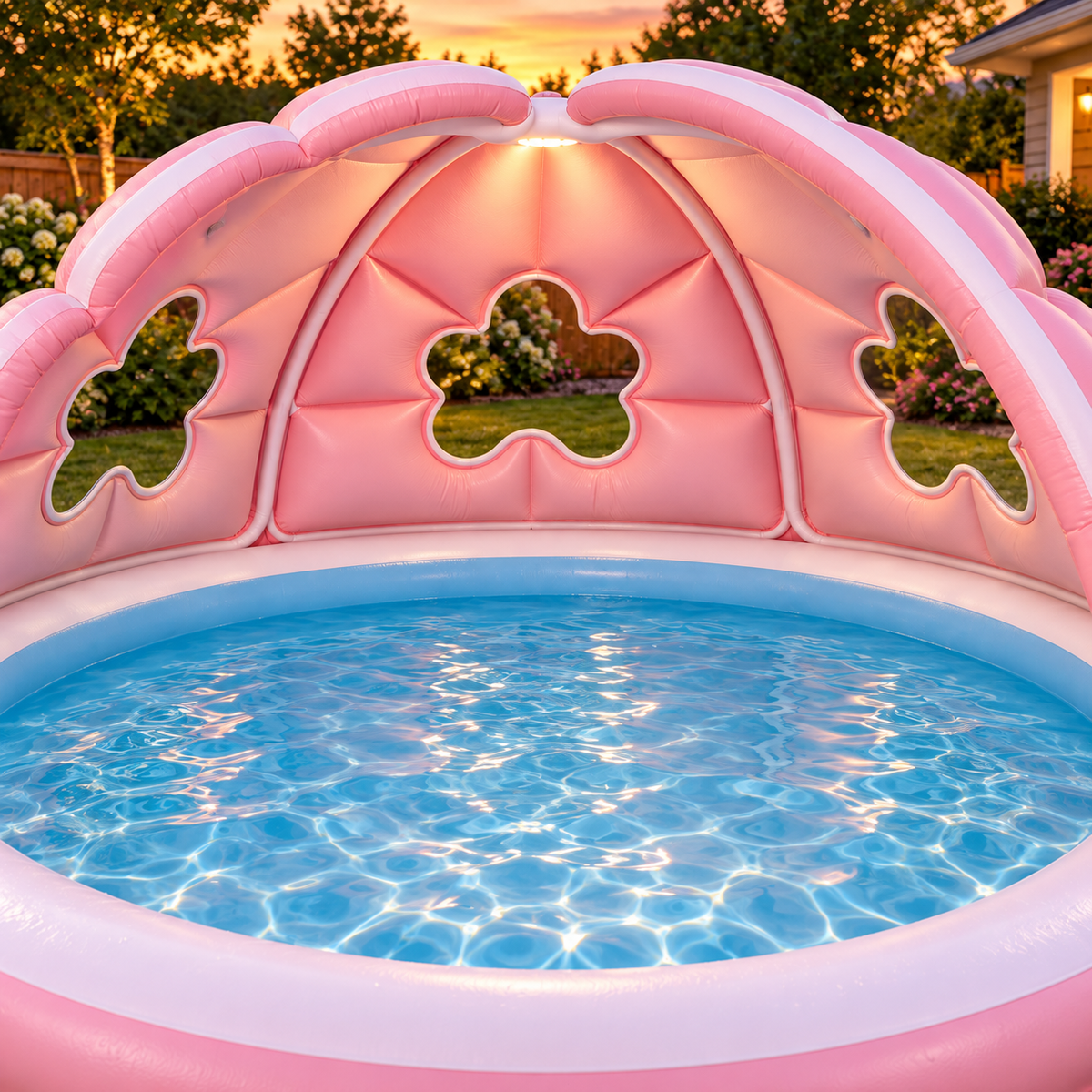 🌸 Inflatable Flower Canopy Pool 💦 – Family Backyard Pool with Shade Canopy & Drink Cooler Stations