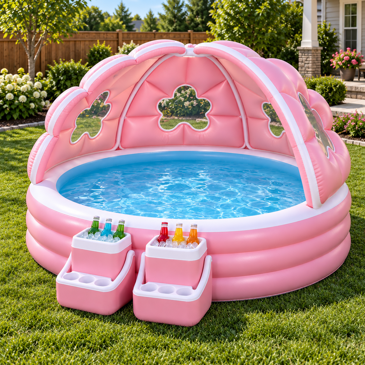 🌸 Inflatable Flower Canopy Pool 💦 – Family Backyard Pool with Shade Canopy & Drink Cooler Stations