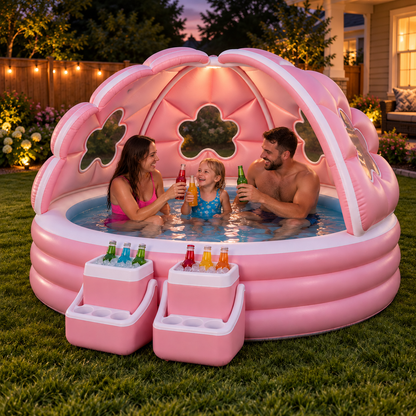 🌸 Inflatable Flower Canopy Pool 💦 – Family Backyard Pool with Shade Canopy & Drink Cooler Stations